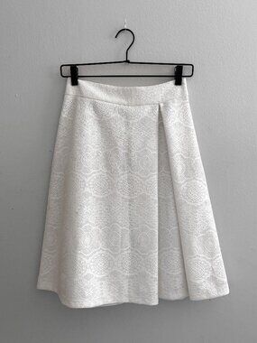 Textured Lace-Look Midi Skirt | White Beige | Side Pleat | Size S